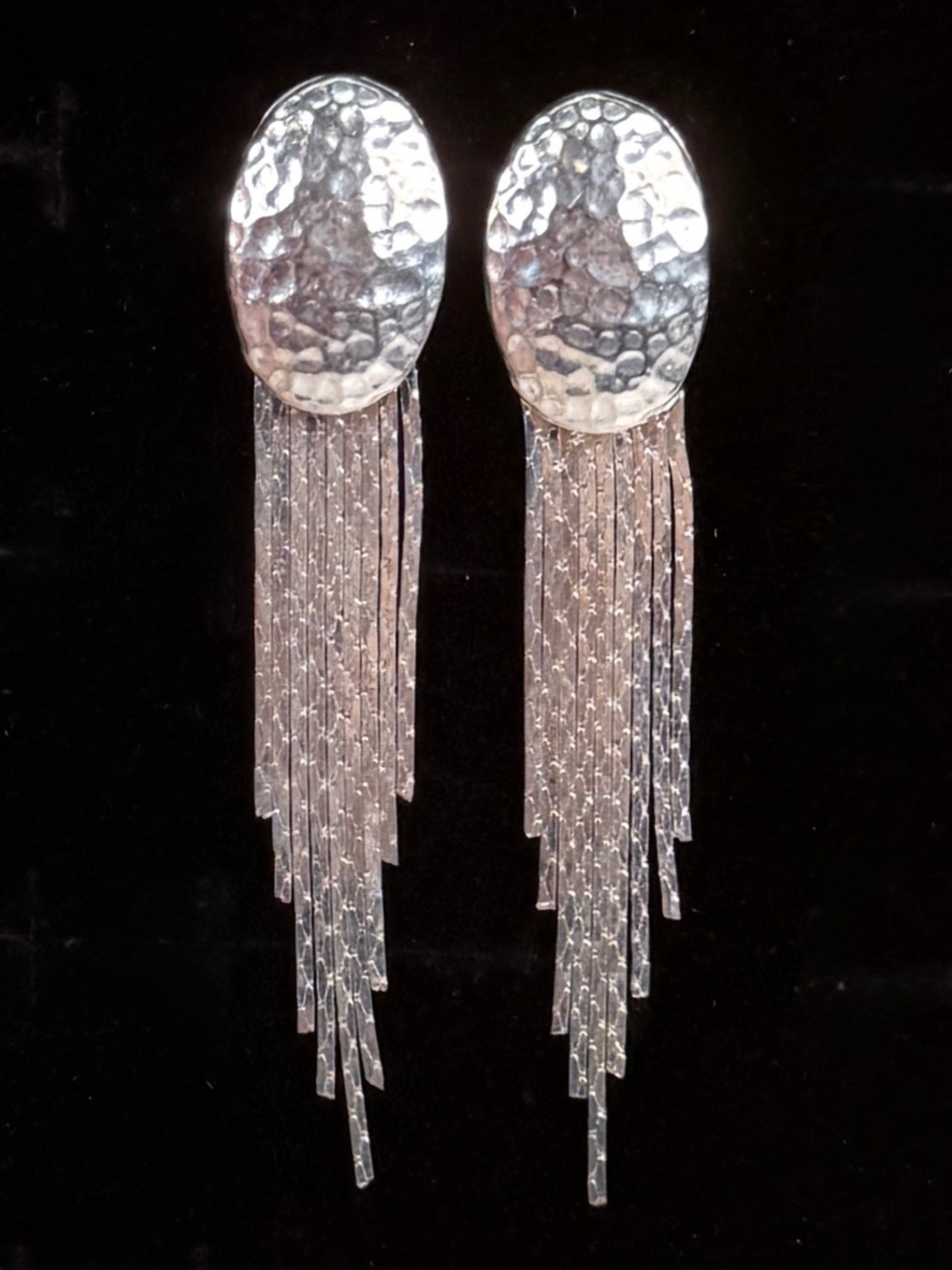 Gorgeous Silvertone hammered fringe pierced earrings